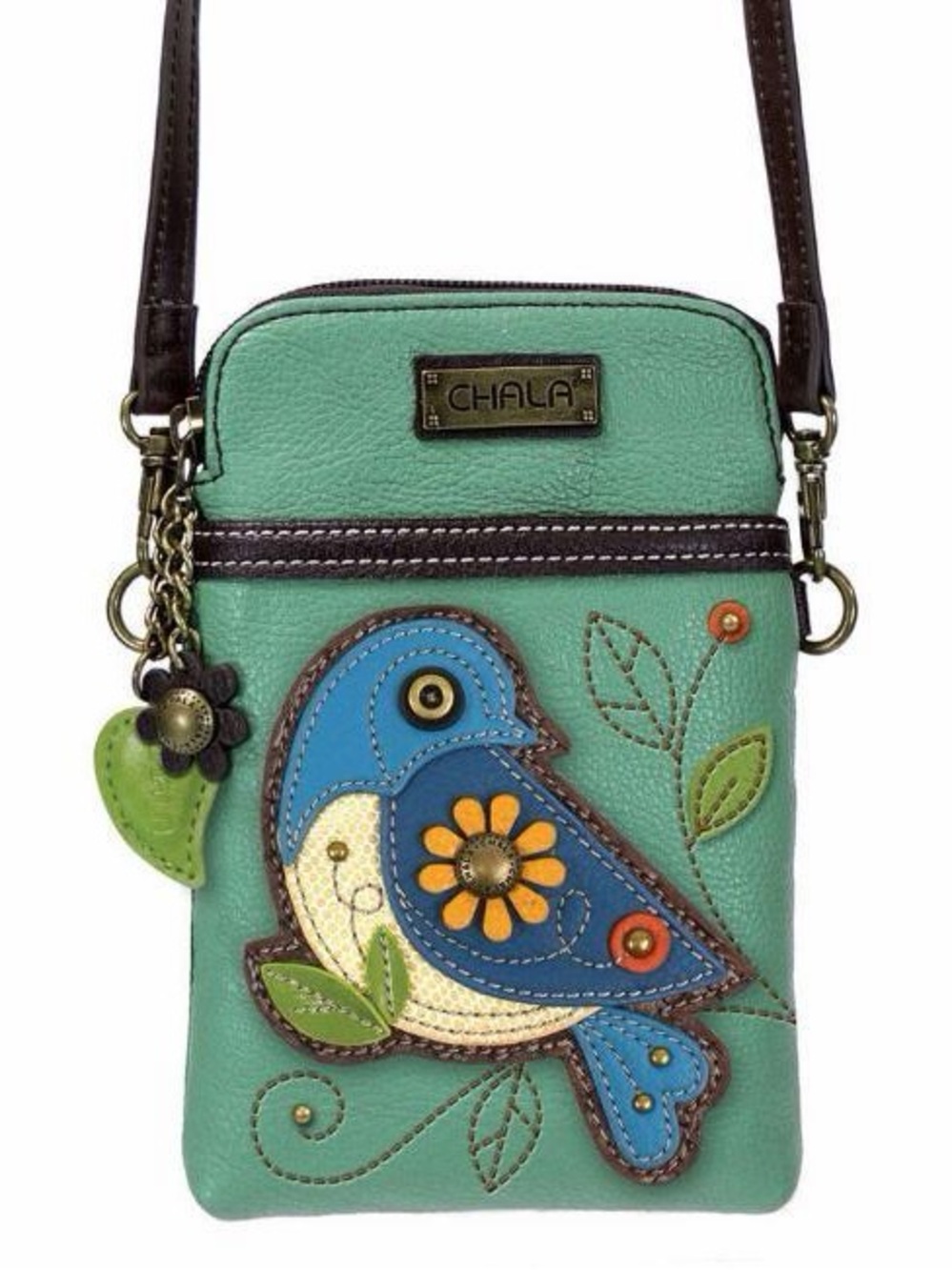 Chala Teal Crossbody Cellphone Bag with Blue Bird Appliqué